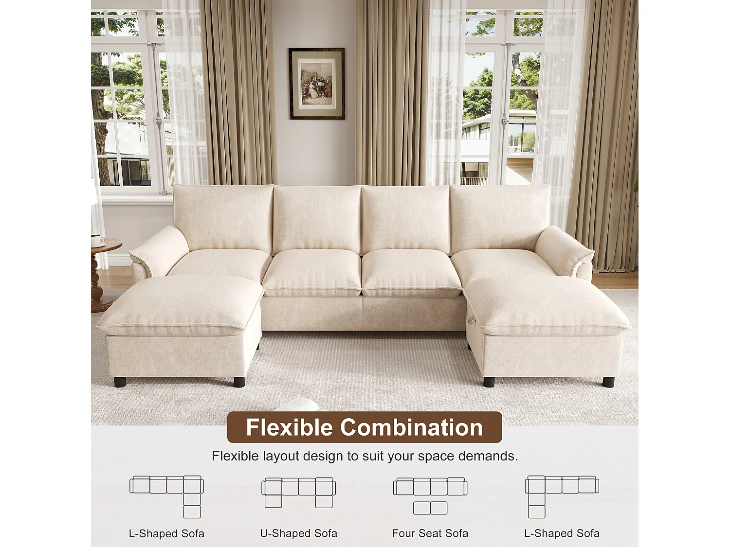 Canapé d’angle modulable en U 264,5x142,5x84 cm, 2 poufs mobiles, assise profonde, dossier haut, beige, chenille