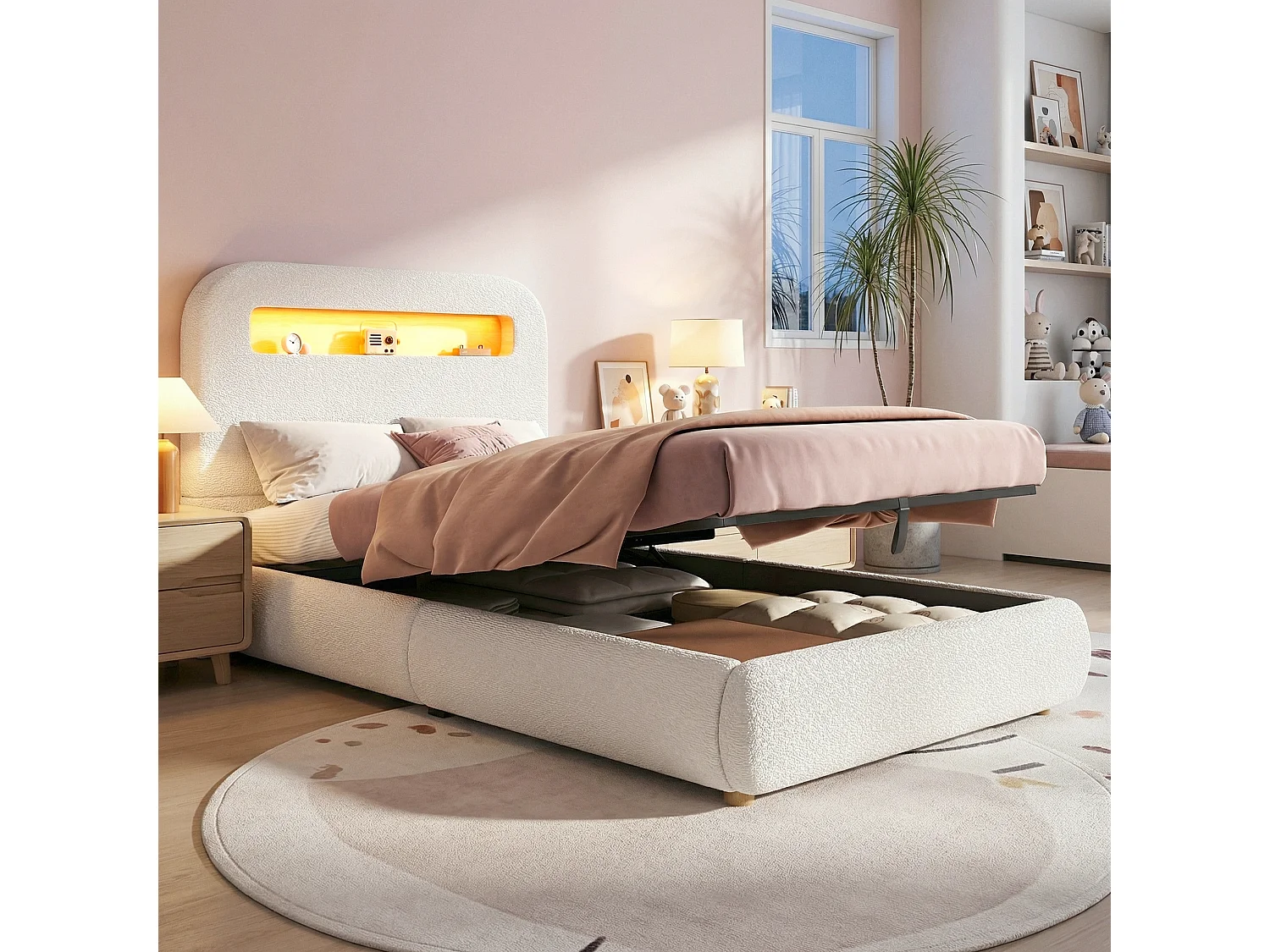 Lit simple 90x200 cm bouclé blanc, lit hydraulique avec rangement et LED, sommier à lattes + pieds bois massif