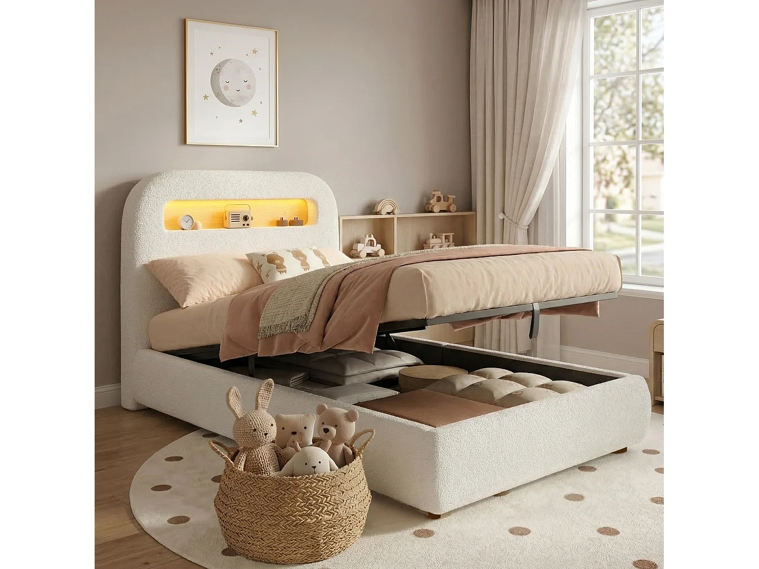 Lit simple 90x200 cm bouclé blanc, lit hydraulique avec rangement et LED, sommier à lattes + pieds bois massif