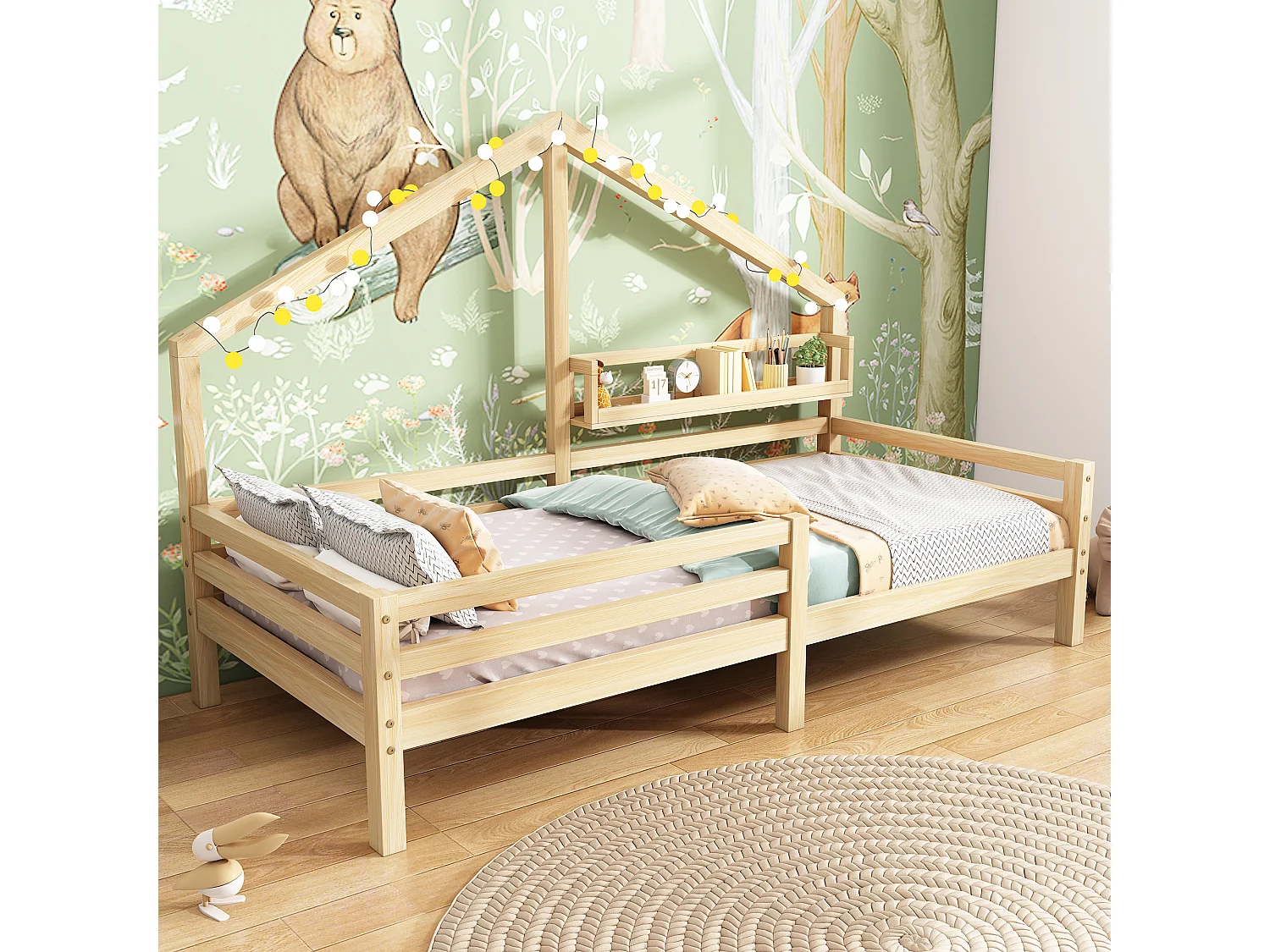 Lit cabane enfant 90x200 cm naturel avec étagère de rangement et design cheminée