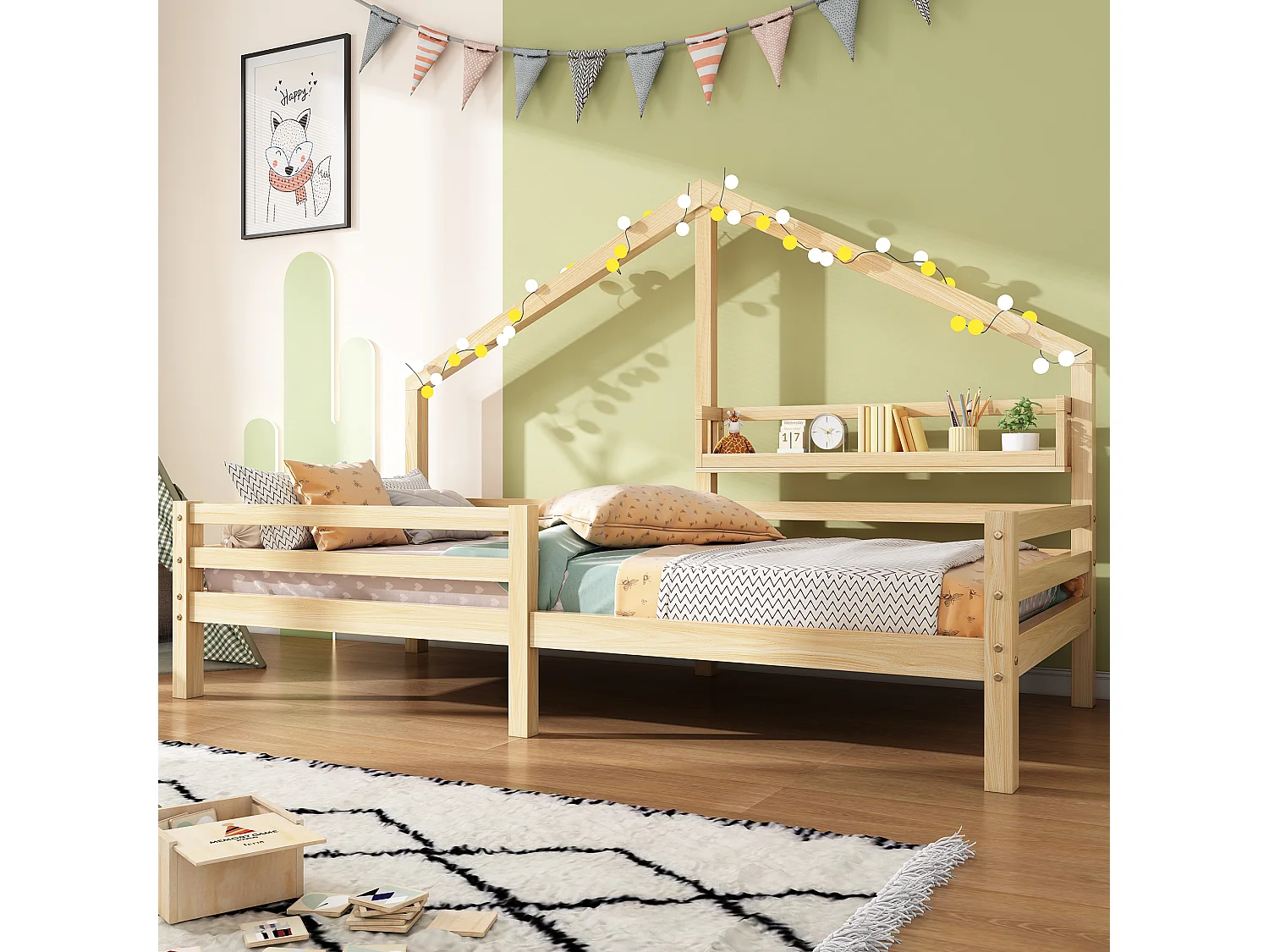Lit cabane enfant 90x200 cm naturel avec étagère de rangement et design cheminée