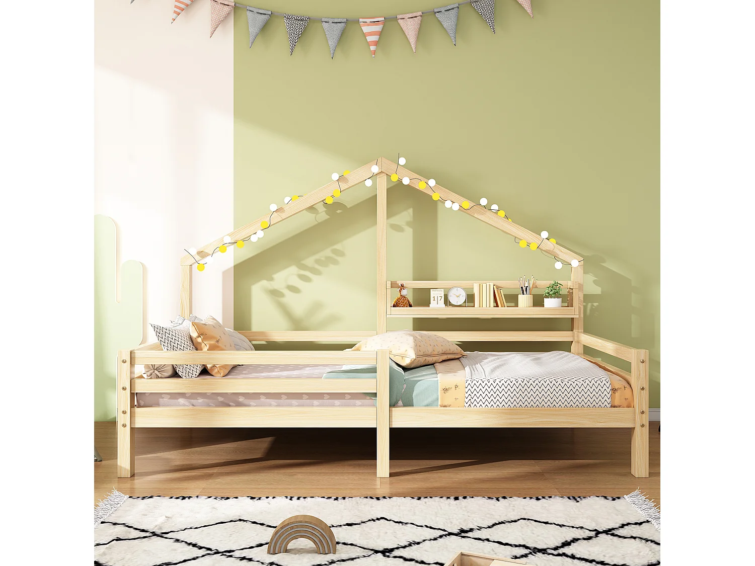 Lit cabane enfant 90x200 cm naturel avec étagère de rangement et design cheminée