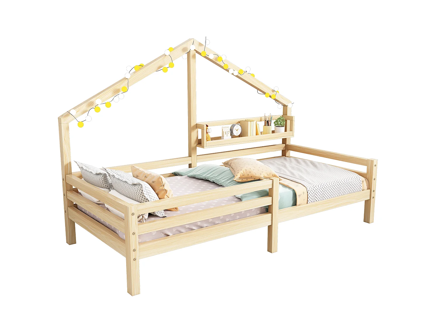 Lit cabane enfant 90x200 cm naturel avec étagère de rangement et design cheminée