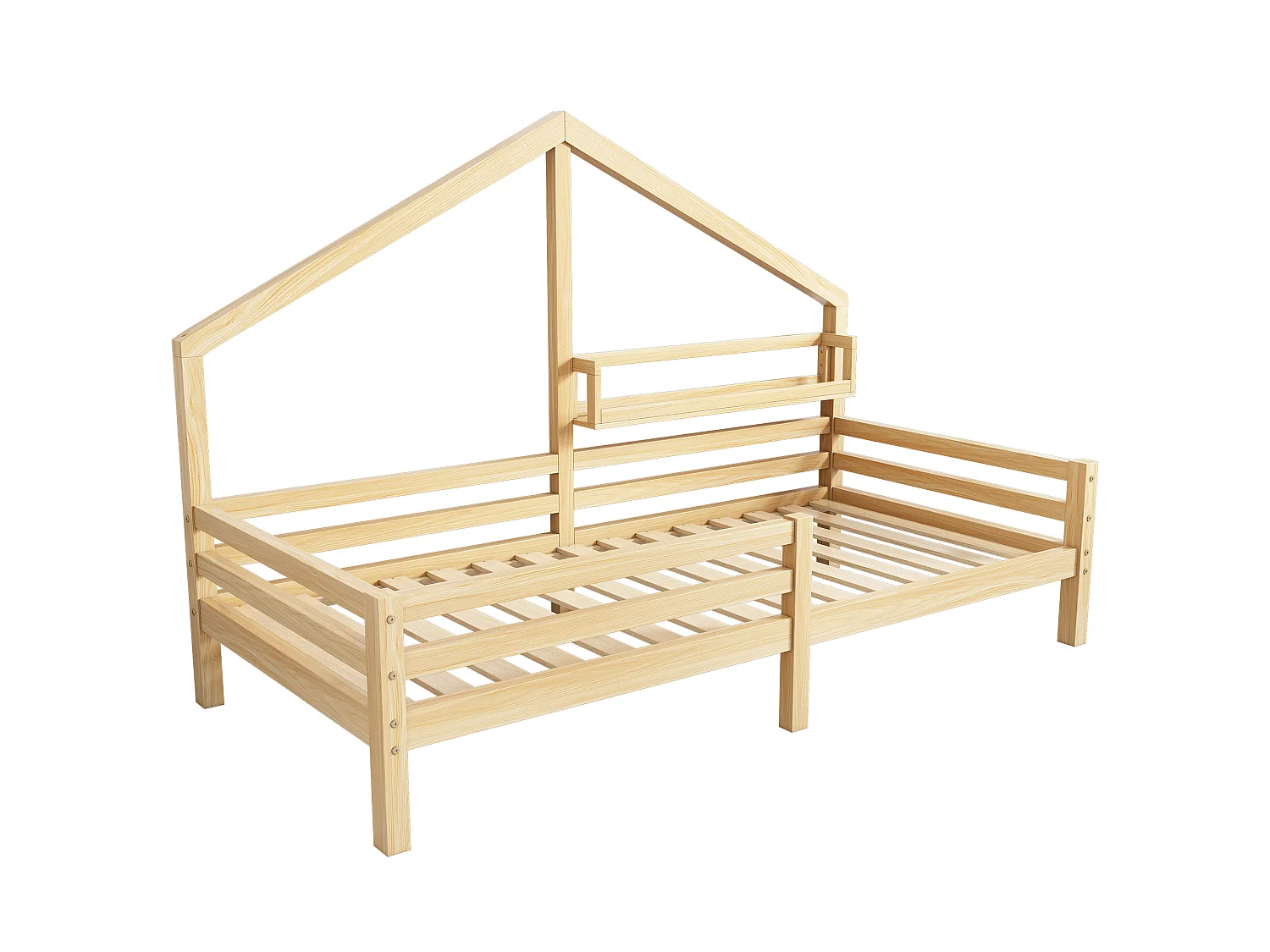 Lit cabane enfant 90x200 cm naturel avec étagère de rangement et design cheminée