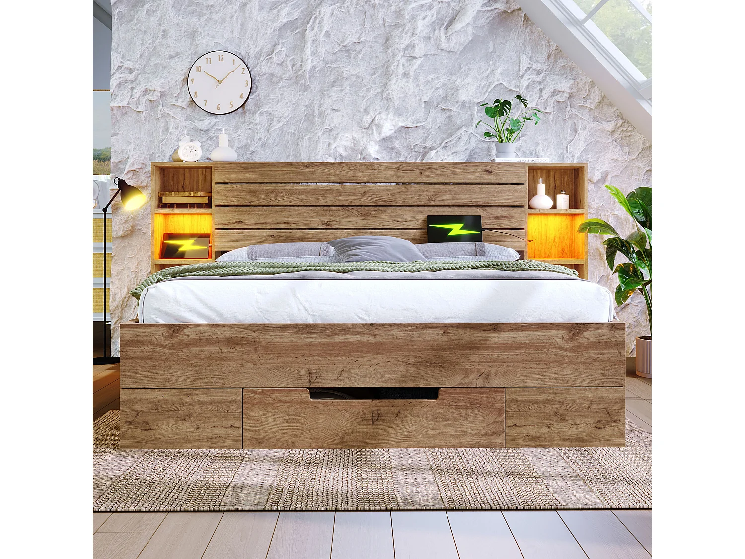 lit coffre en bois massif 160×200 cm, lit double, rangement, LED intégrée et tête de lit avec tiroirs et ports USB-C, chêne
