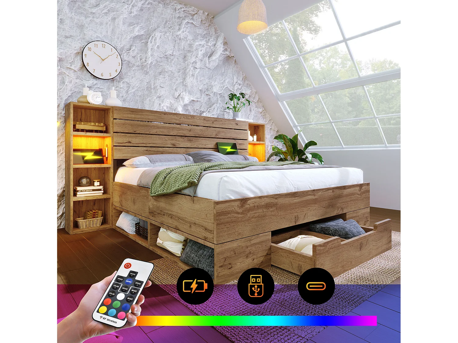 lit coffre en bois massif 160×200 cm, lit double, rangement, LED intégrée et tête de lit avec tiroirs et ports USB-C, chêne