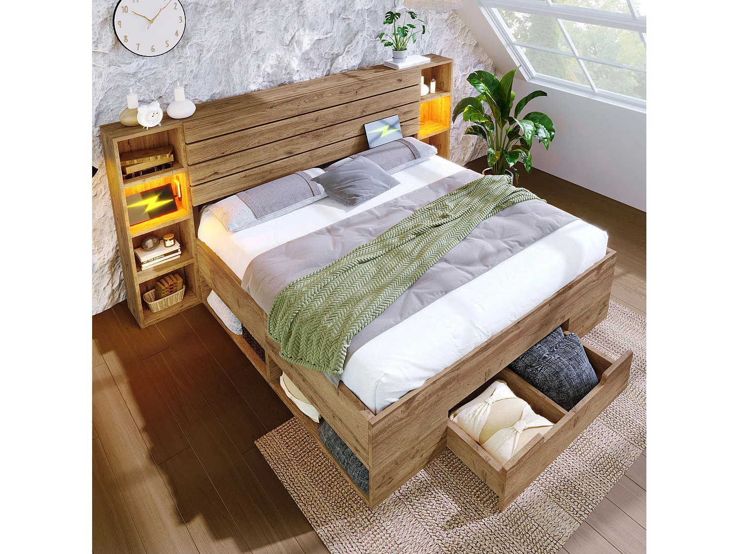lit coffre en bois massif 160×200 cm, lit double, rangement, LED intégrée et tête de lit avec tiroirs et ports USB-C, chêne