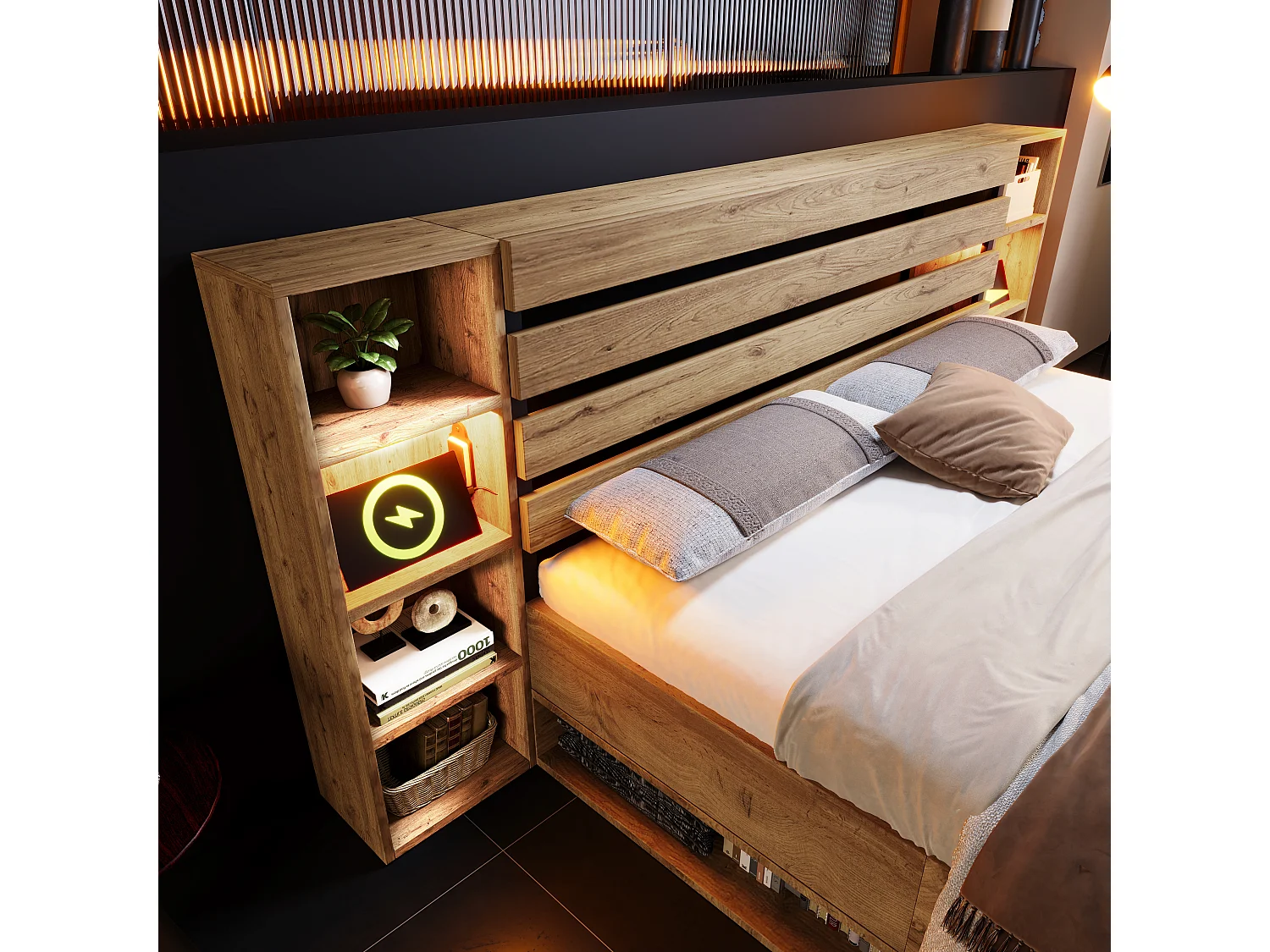 lit coffre en bois massif 160×200 cm, lit double, rangement, LED intégrée et tête de lit avec tiroirs et ports USB-C, chêne