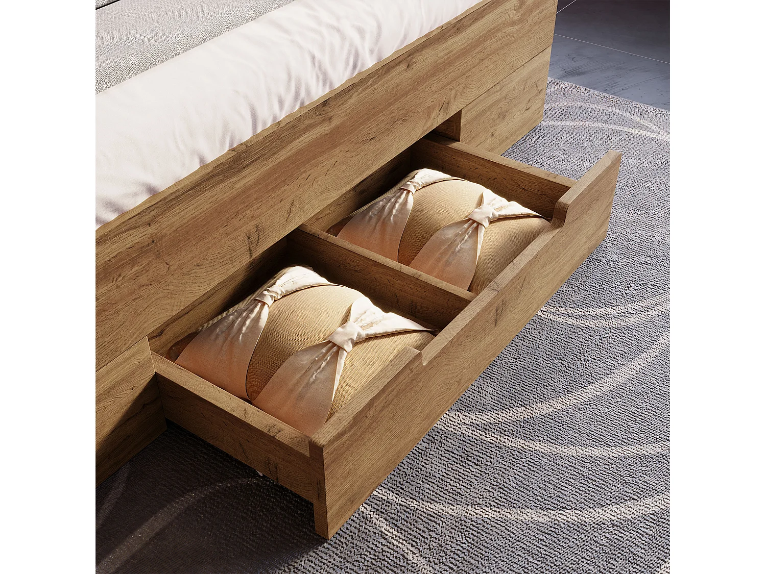 lit coffre en bois massif 160×200 cm, lit double, rangement, LED intégrée et tête de lit avec tiroirs et ports USB-C, chêne