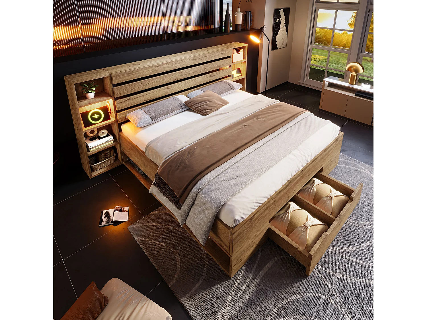 lit coffre en bois massif 160×200 cm, lit double, rangement, LED intégrée et tête de lit avec tiroirs et ports USB-C, chêne