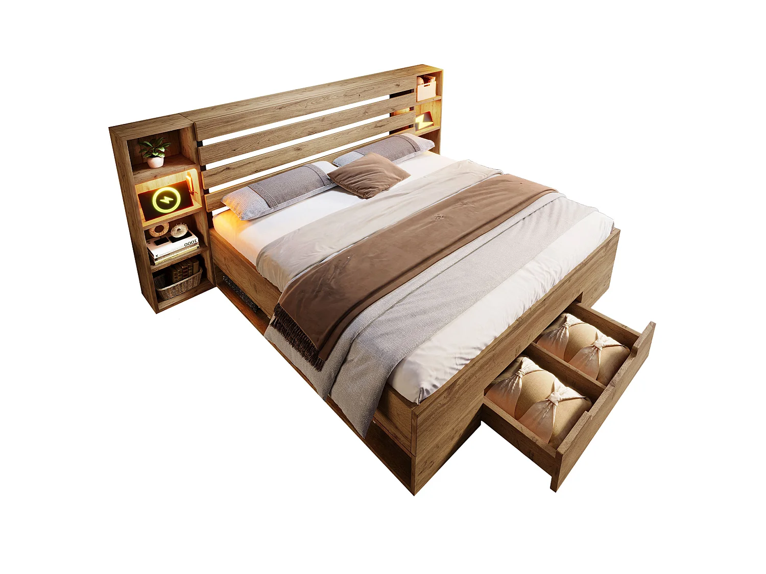 lit coffre en bois massif 160×200 cm, lit double, rangement, LED intégrée et tête de lit avec tiroirs et ports USB-C, chêne