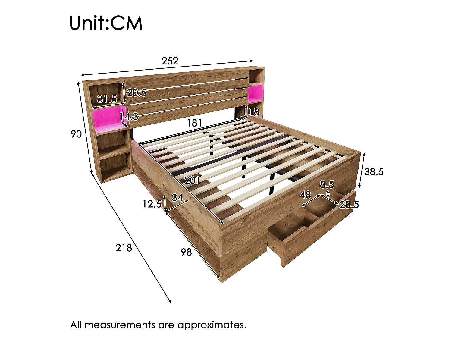 lit coffre en bois massif 160×200 cm, lit double, rangement, LED intégrée et tête de lit avec tiroirs et ports USB-C, chêne