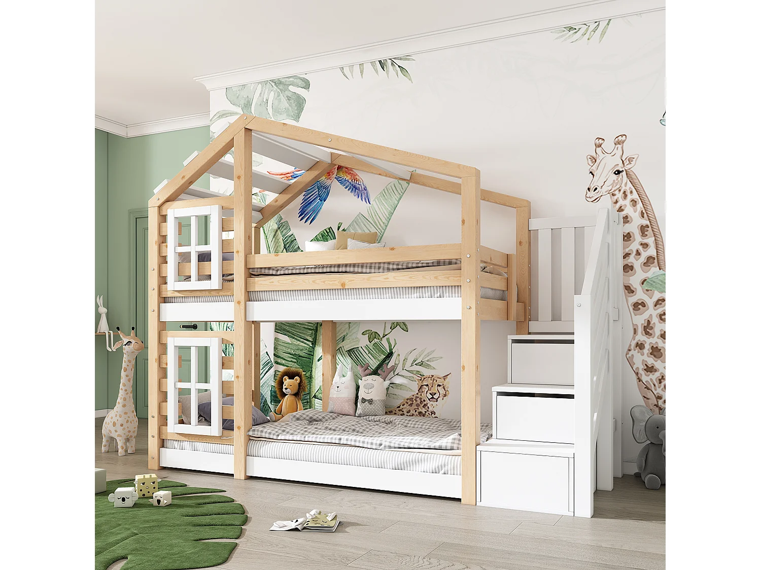 Lit superposé cabane 90x200 cm, lit enfant en bois, étage avec rangement et barrières, 2 tiroirs, MDF, blanc et naturel