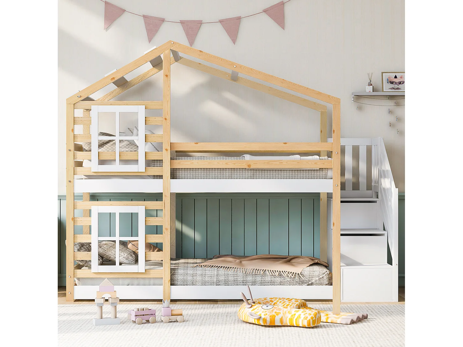Lit superposé cabane 90x200 cm, lit enfant en bois, étage avec rangement et barrières, 2 tiroirs, MDF, blanc et naturel