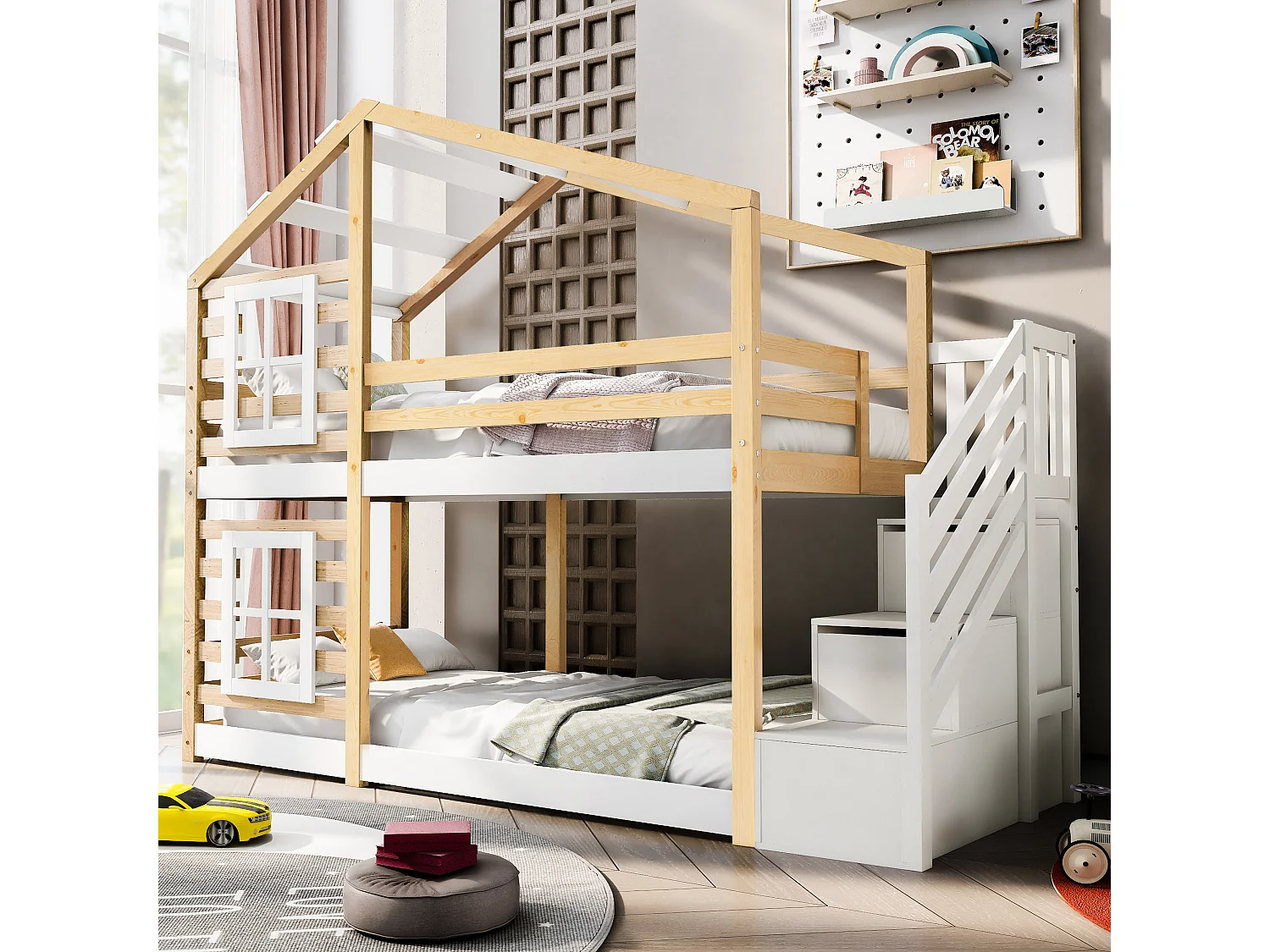 Lit superposé cabane 90x200 cm, lit enfant en bois, étage avec rangement et barrières, 2 tiroirs, MDF, blanc et naturel