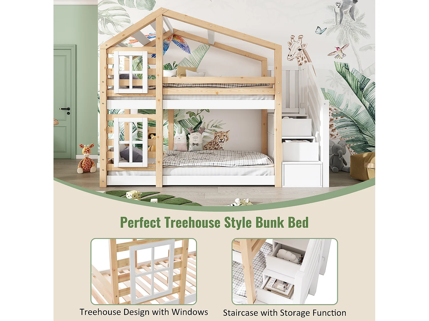 Lit superposé cabane 90x200 cm, lit enfant en bois, étage avec rangement et barrières, 2 tiroirs, MDF, blanc et naturel