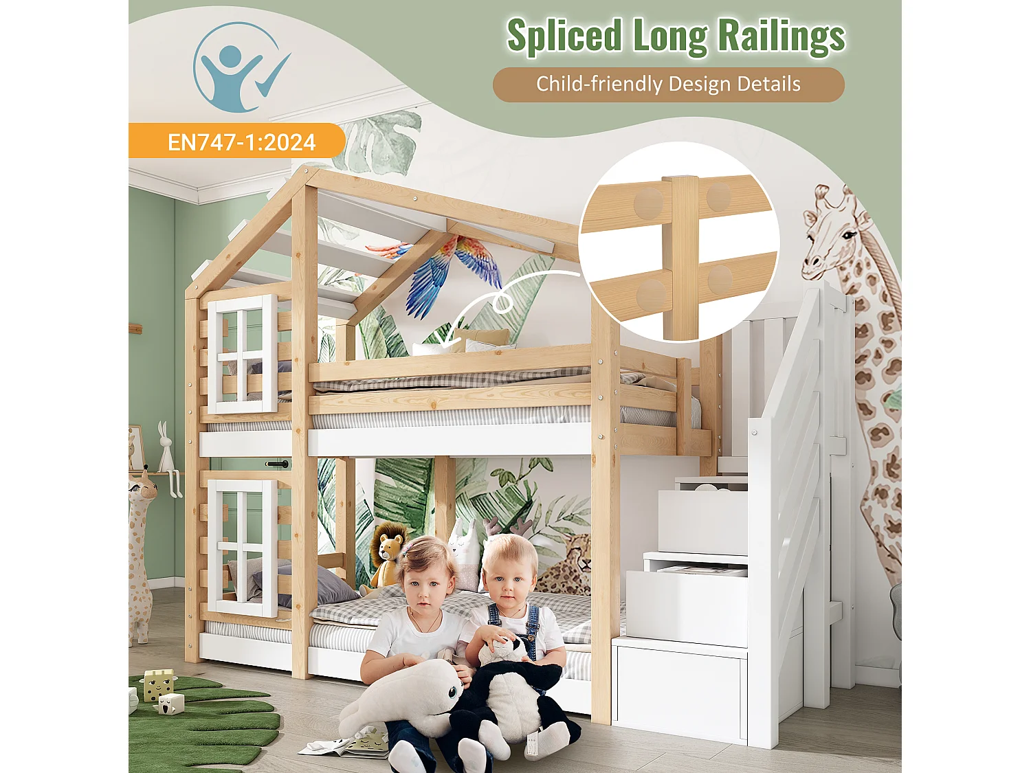 Lit superposé cabane 90x200 cm, lit enfant en bois, étage avec rangement et barrières, 2 tiroirs, MDF, blanc et naturel