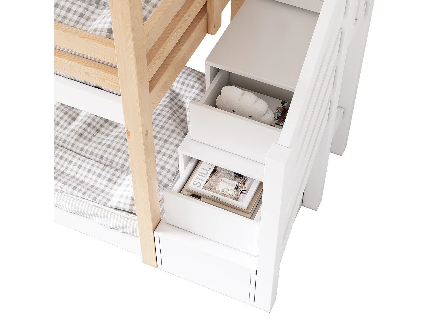 Lit superposé cabane 90x200 cm, lit enfant en bois, étage avec rangement et barrières, 2 tiroirs, MDF, blanc et naturel