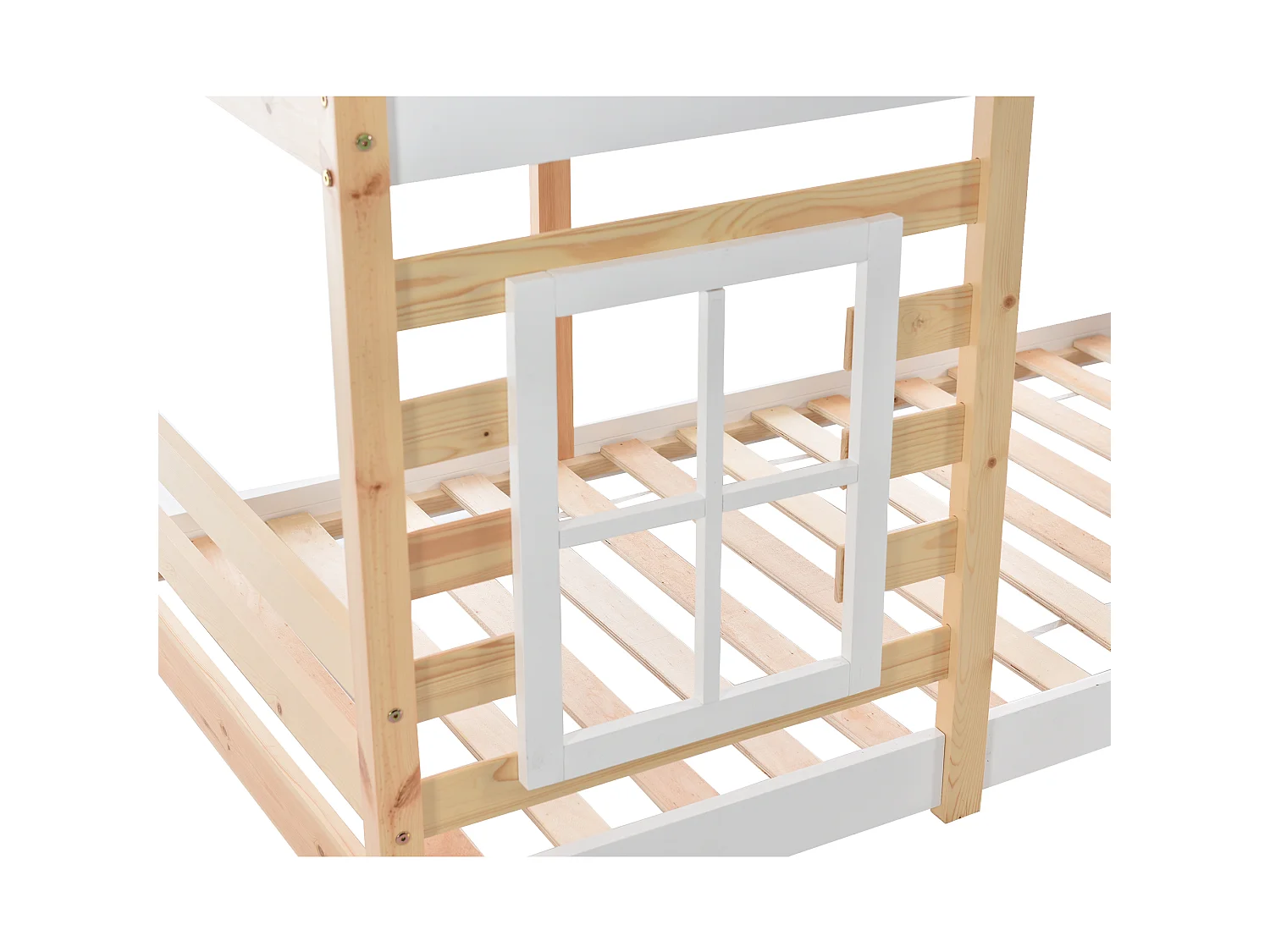 Lit superposé cabane 90x200 cm, lit enfant en bois, étage avec rangement et barrières, 2 tiroirs, MDF, blanc et naturel