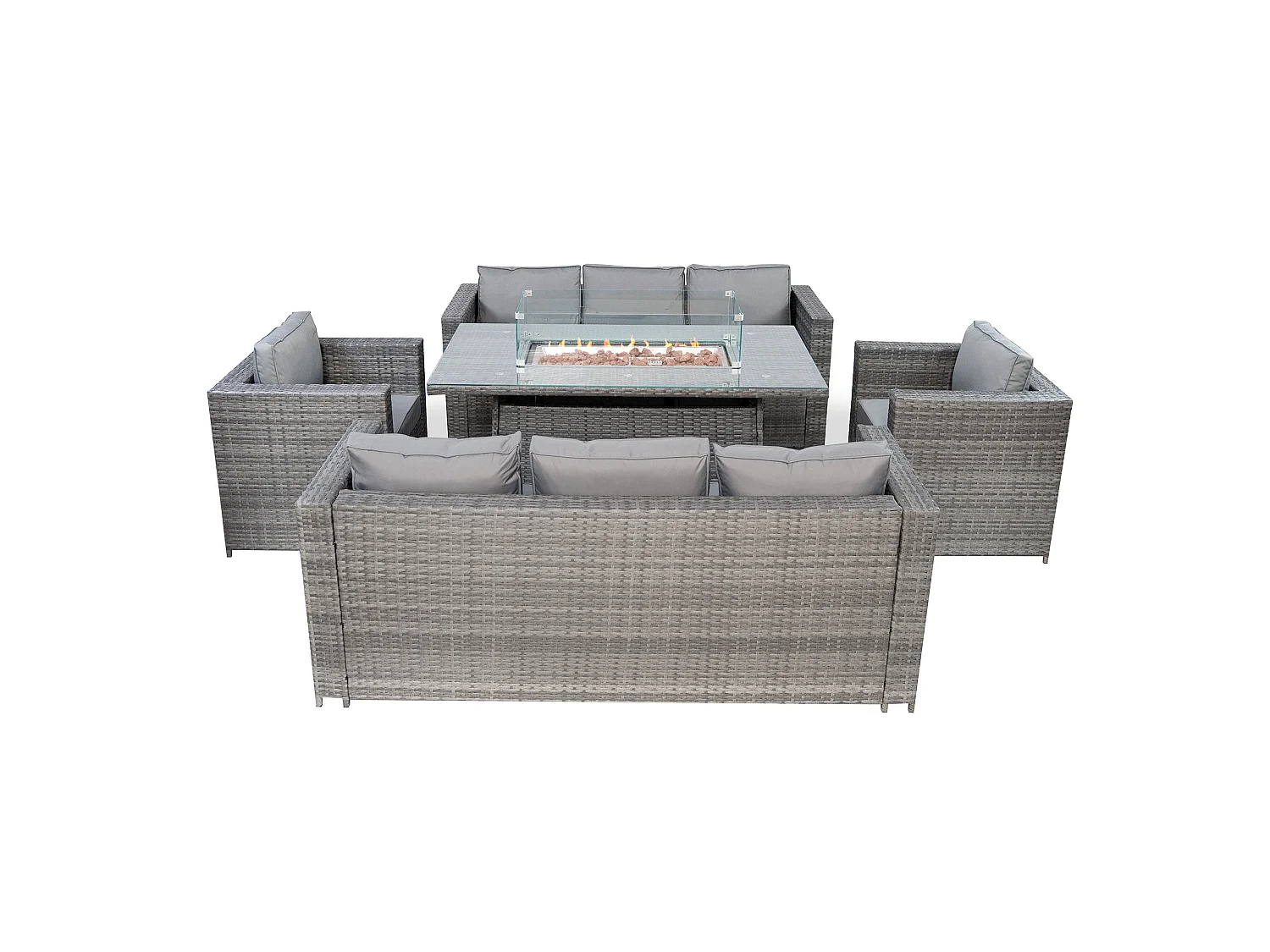Conjunto de Móveis de Jardim em Rattan 8 Lugares com Mesa de Fogo a Gás, Sofá Modular Exterior em Polyrattan com Almofadas, Mesa de Jantar e Poltronas, Cinzento