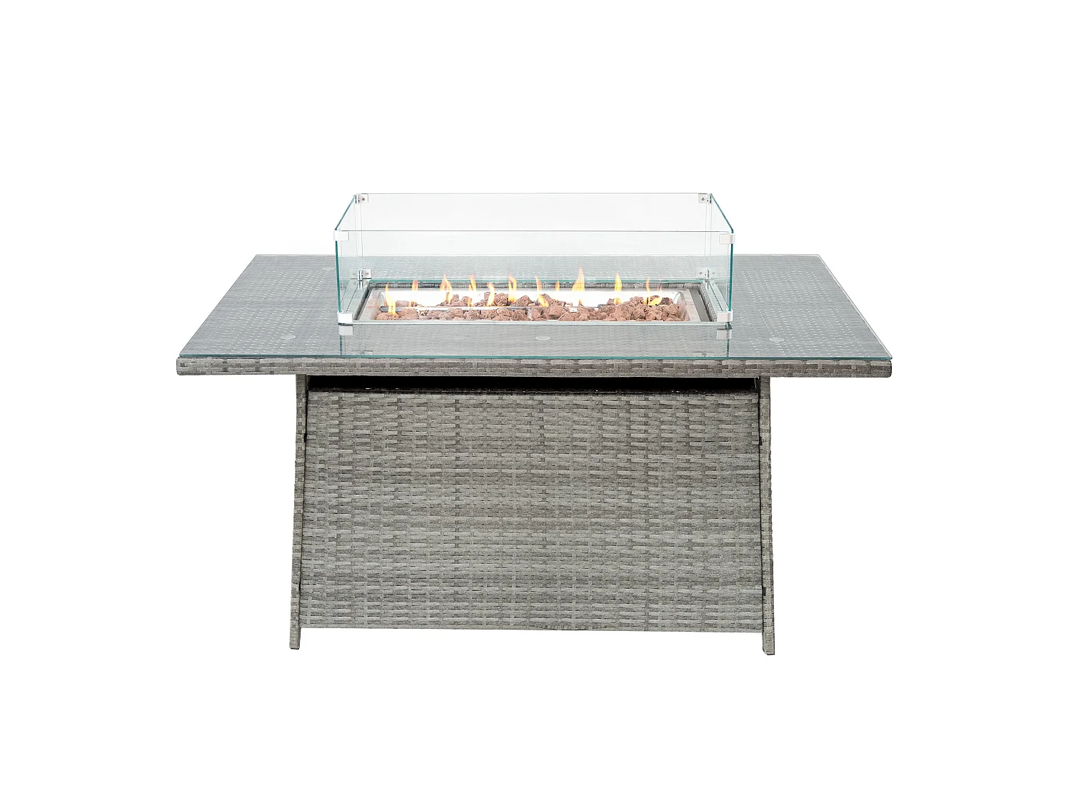 Conjunto de Móveis de Jardim em Rattan 8 Lugares com Mesa de Fogo a Gás, Sofá Modular Exterior em Polyrattan com Almofadas, Mesa de Jantar e Poltronas, Cinzento