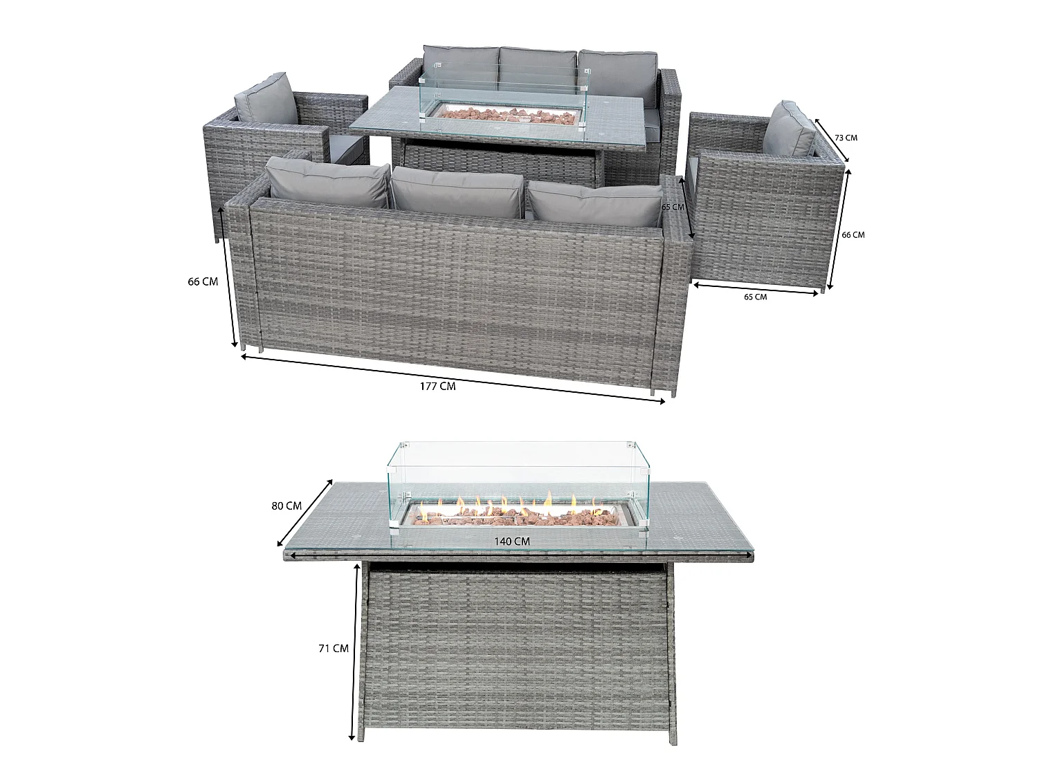 Conjunto de Móveis de Jardim em Rattan 8 Lugares com Mesa de Fogo a Gás, Sofá Modular Exterior em Polyrattan com Almofadas, Mesa de Jantar e Poltronas, Cinzento