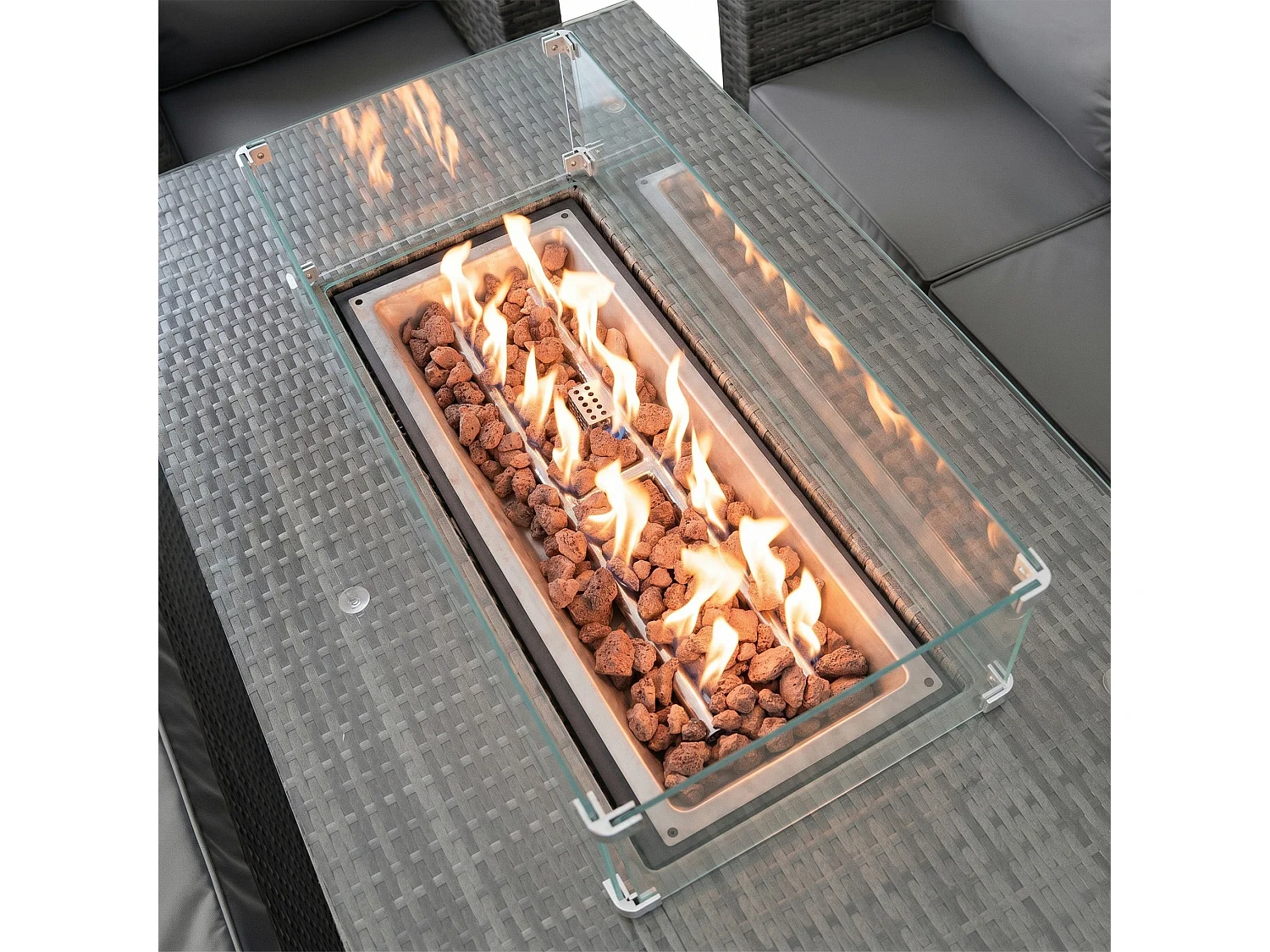 Conjunto de Móveis de Jardim em Rattan 8 Lugares com Mesa de Fogo a Gás, Sofá Modular Exterior em Polyrattan com Almofadas, Mesa de Jantar e Poltronas, Cinzento