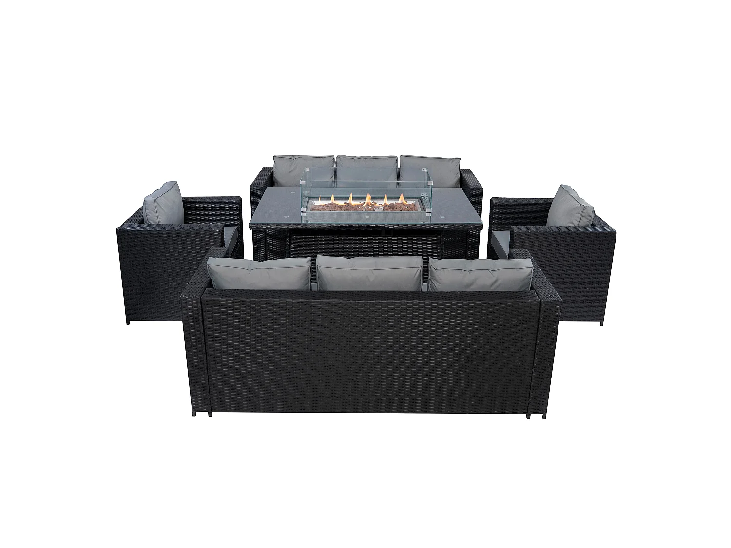 Conjunto de Muebles de Jardín de Ratán 8 Plazas con Mesa de Fuego a Gas, Sofá Modular Exterior de Polirratán con Cojines, Mesa Comedor y Sillones, Negro