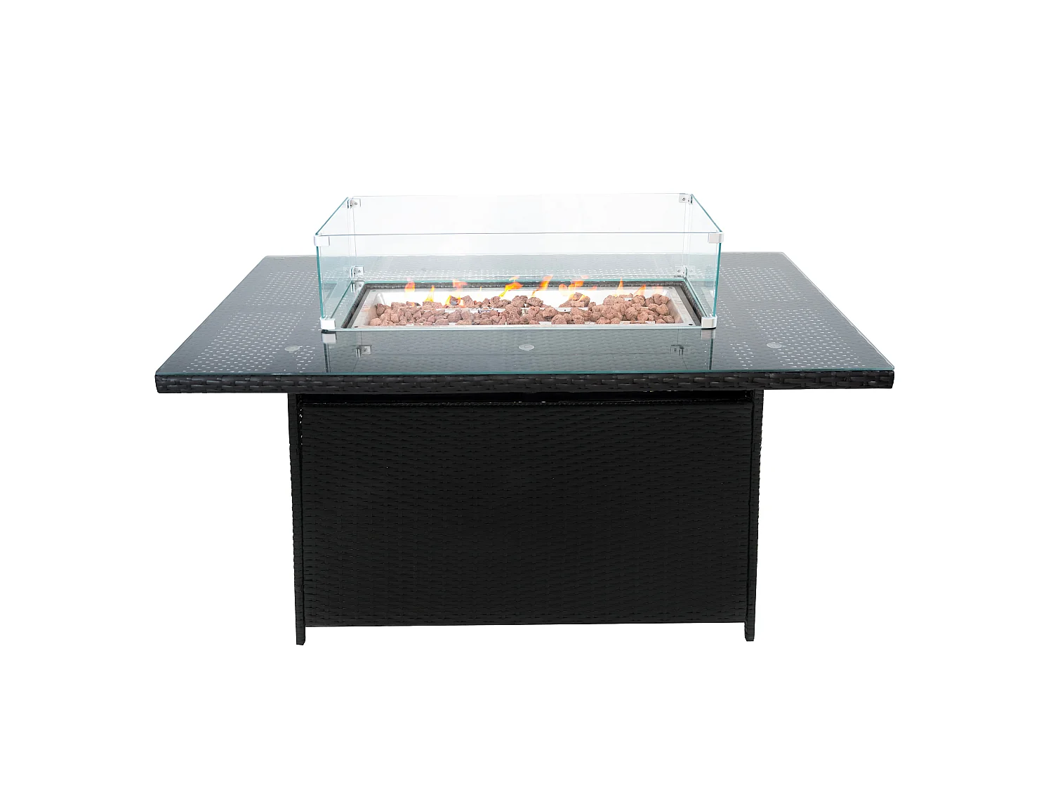 Conjunto de Muebles de Jardín de Ratán 8 Plazas con Mesa de Fuego a Gas, Sofá Modular Exterior de Polirratán con Cojines, Mesa Comedor y Sillones, Negro