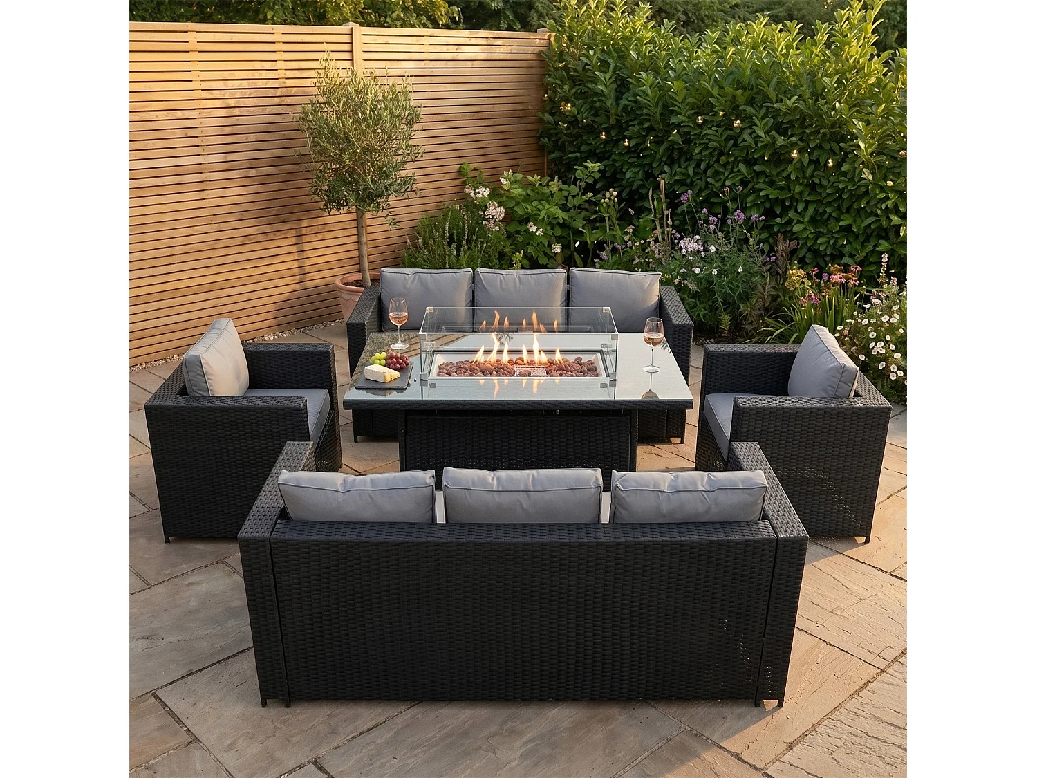 Conjunto de Muebles de Jardín de Ratán 8 Plazas con Mesa de Fuego a Gas, Sofá Modular Exterior de Polirratán con Cojines, Mesa Comedor y Sillones, Negro