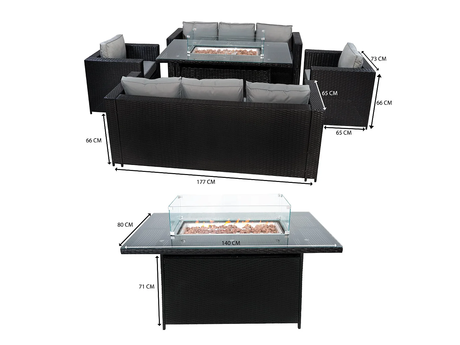 Conjunto de Muebles de Jardín de Ratán 8 Plazas con Mesa de Fuego a Gas, Sofá Modular Exterior de Polirratán con Cojines, Mesa Comedor y Sillones, Negro