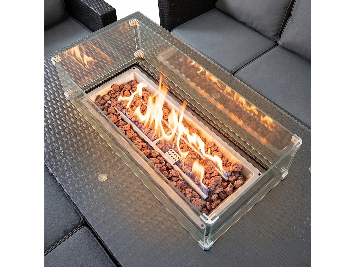 Conjunto de Muebles de Jardín de Ratán 8 Plazas con Mesa de Fuego a Gas, Sofá Modular Exterior de Polirratán con Cojines, Mesa Comedor y Sillones, Negro