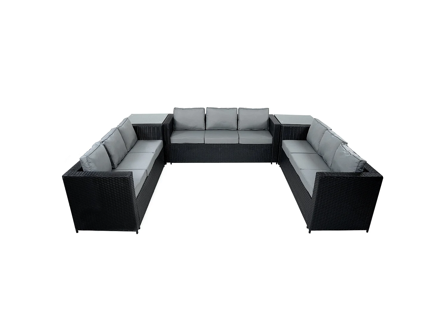 Salon de Jardin Polyrotin Noir 11 Places Canapés Table Tabourets Foyer Gaz