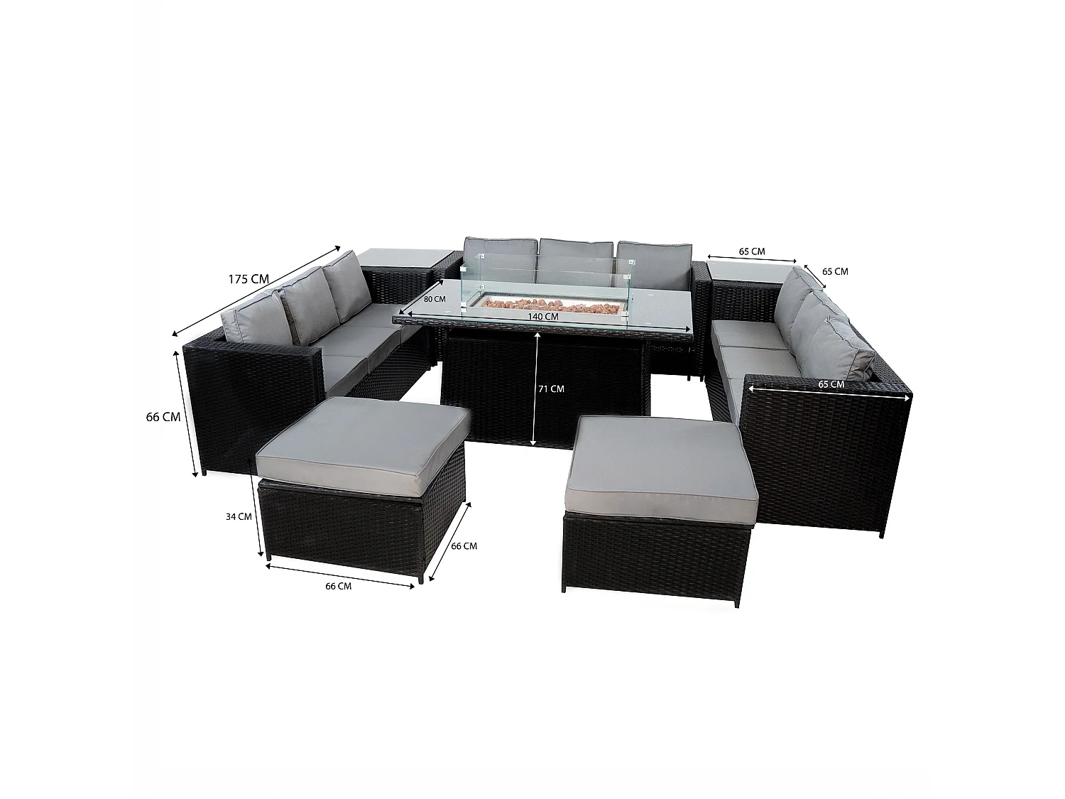 Salon de Jardin Polyrotin Noir 11 Places Canapés Table Tabourets Foyer Gaz