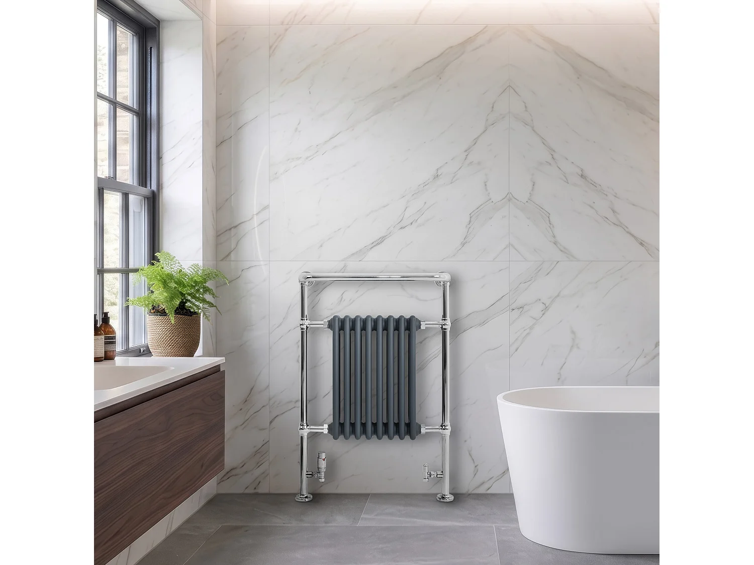 Radiador Toalheiro Tradicional Casa de Banho 950x660 mm Cinza Antracite, Toalheiro Aquecido com Barra Cromada, 895 W, 8 Colunas, Estilo Clássico Vintage