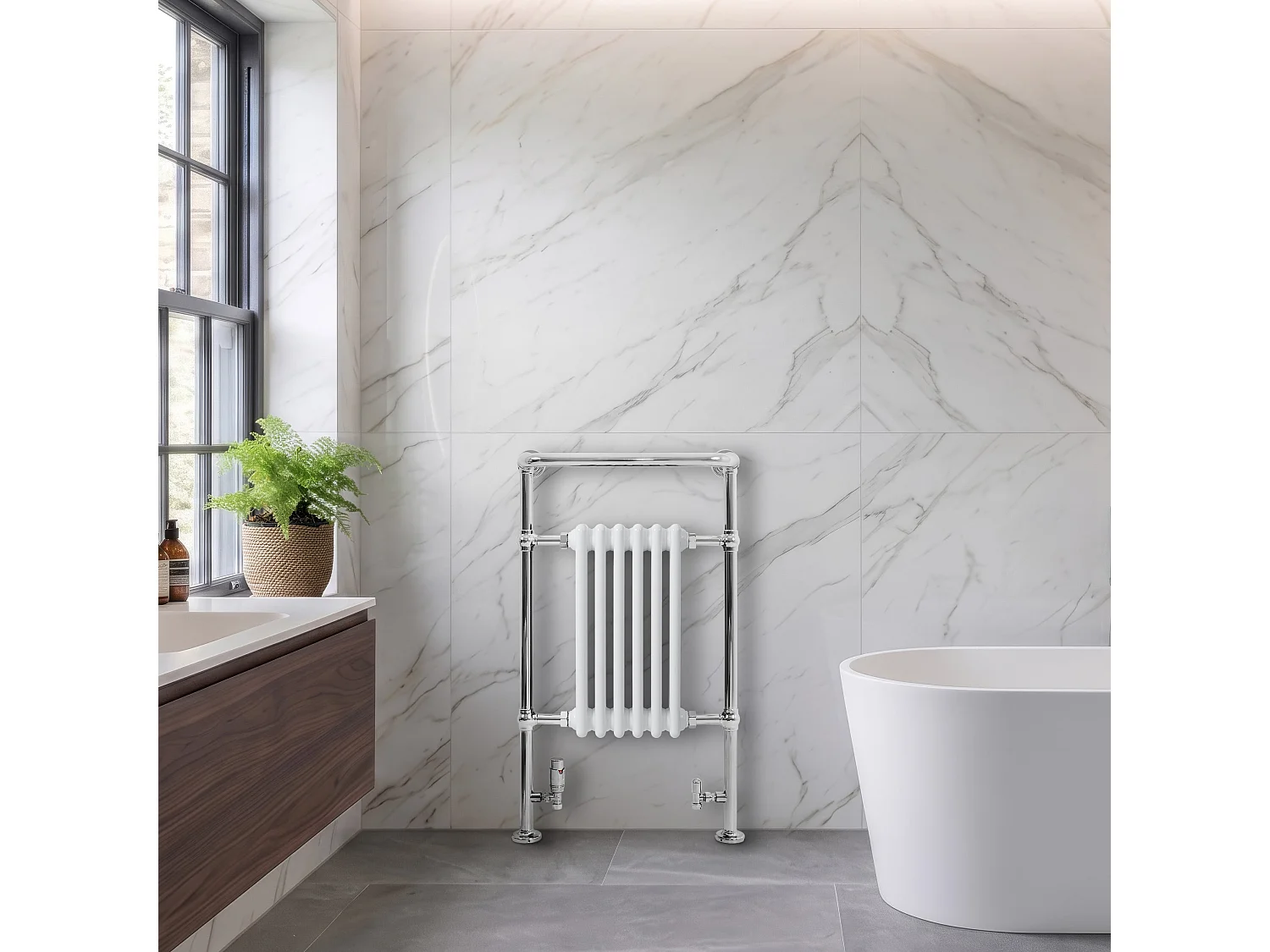 Radiador Toalheiro Tradicional Casa de Banho 950x570 mm Branco, Toalheiro Aquecido com Barra Cromada, 704 W, 6 Colunas, Estilo Clássico Vintage