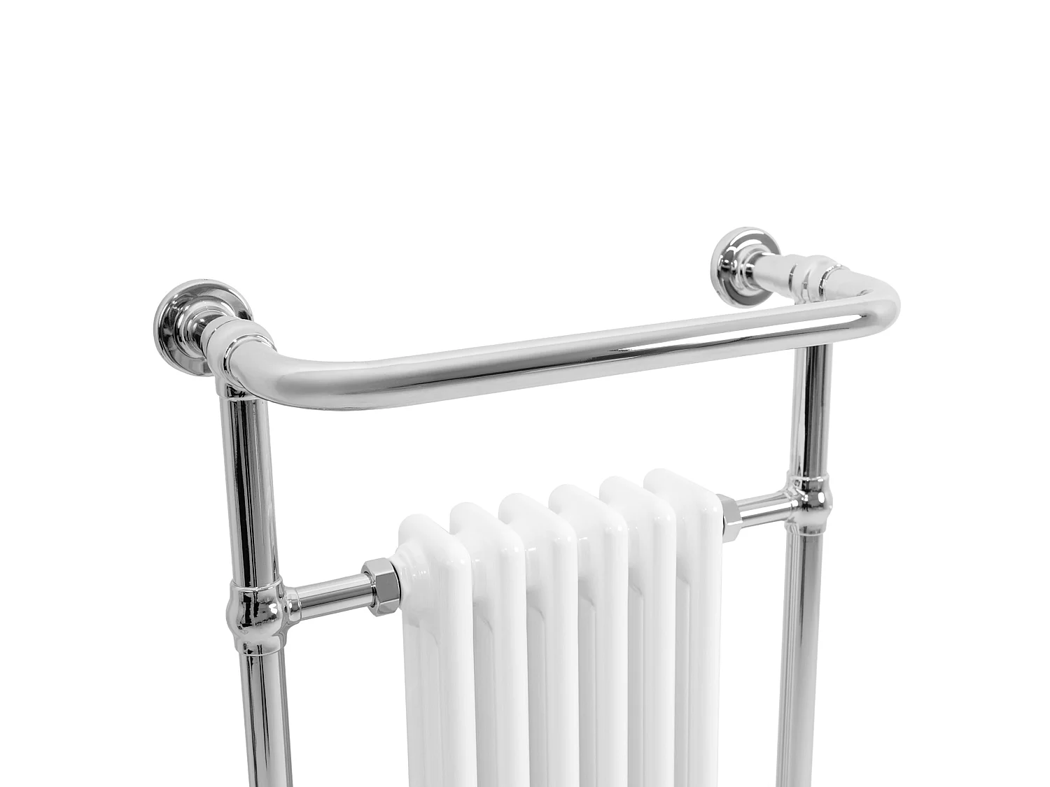 Radiador Toalheiro Tradicional Casa de Banho 950x570 mm Branco, Toalheiro Aquecido com Barra Cromada, 704 W, 6 Colunas, Estilo Clássico Vintage