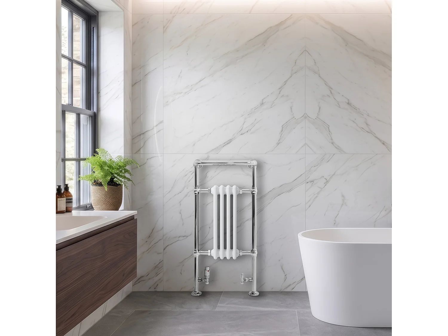 Radiador Toalheiro Tradicional Casa de Banho 950x480 mm Branco, Toalheiro Aquecido com Barra Cromada, 512 W, 4 Colunas, Estilo Clássico Vintage