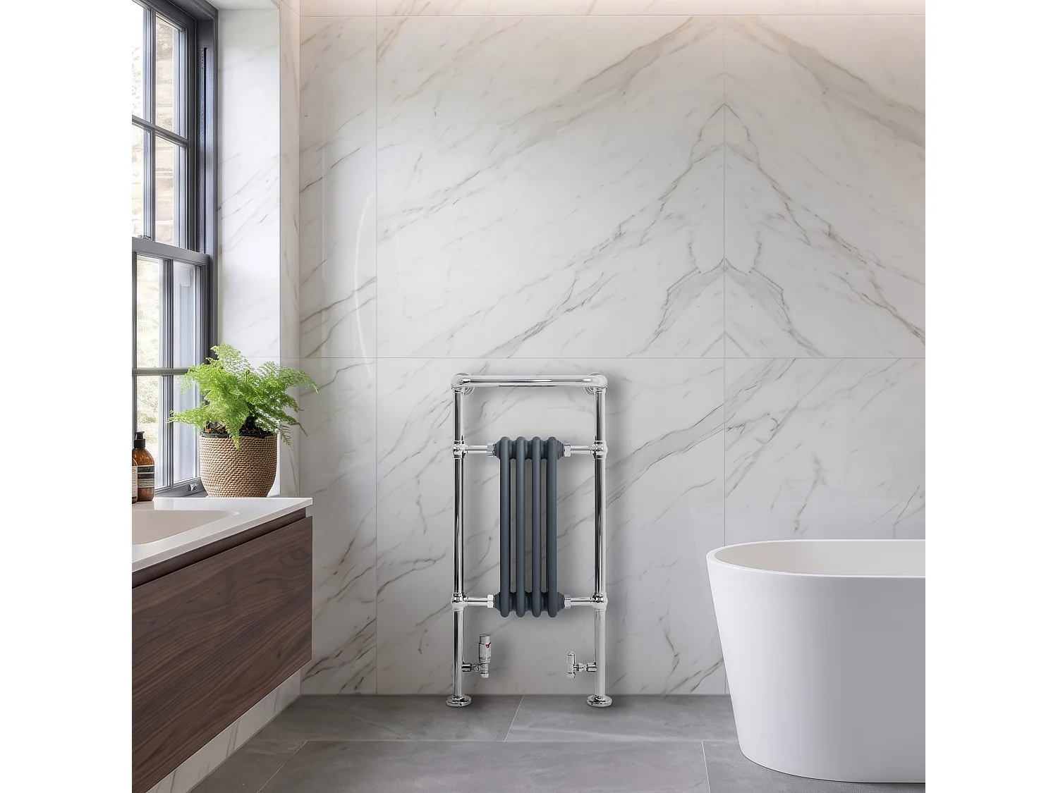 Radiador Toalheiro Tradicional Casa de Banho 950x480 mm Cinza Antracite, Toalheiro Aquecido com Barra Cromada, 512 W, 4 Colunas, Estilo Clássico Vintage