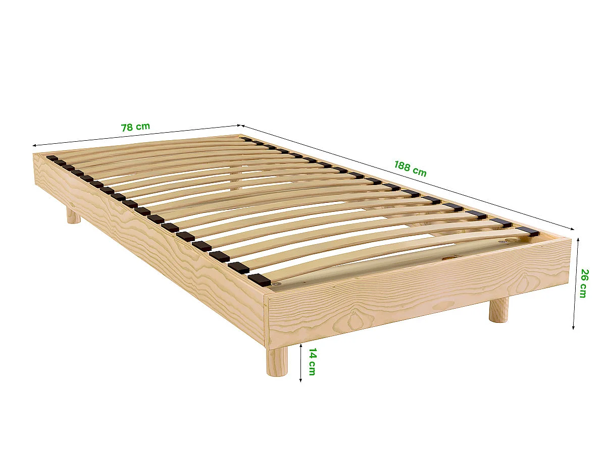 Sommier à lattes 1 place bois Kit France - 80x190, Brut (sans vernis)