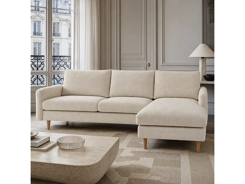 Canapé d'angle fixe réversible tissu chenille 4 places beige VENDOME