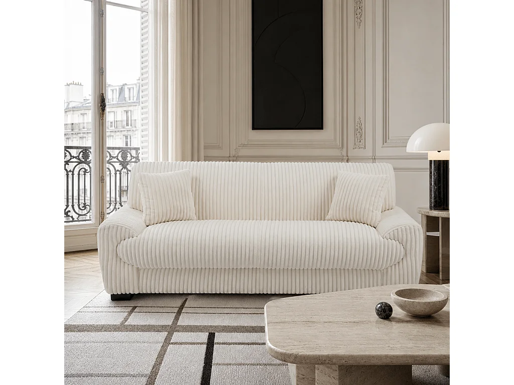 Canapé droit velours côtelé 3 places beige CELESTE