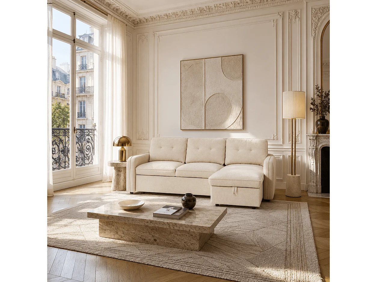 Canapé d'angle convertible réversible chenille 4 places beige DEAUVILLE