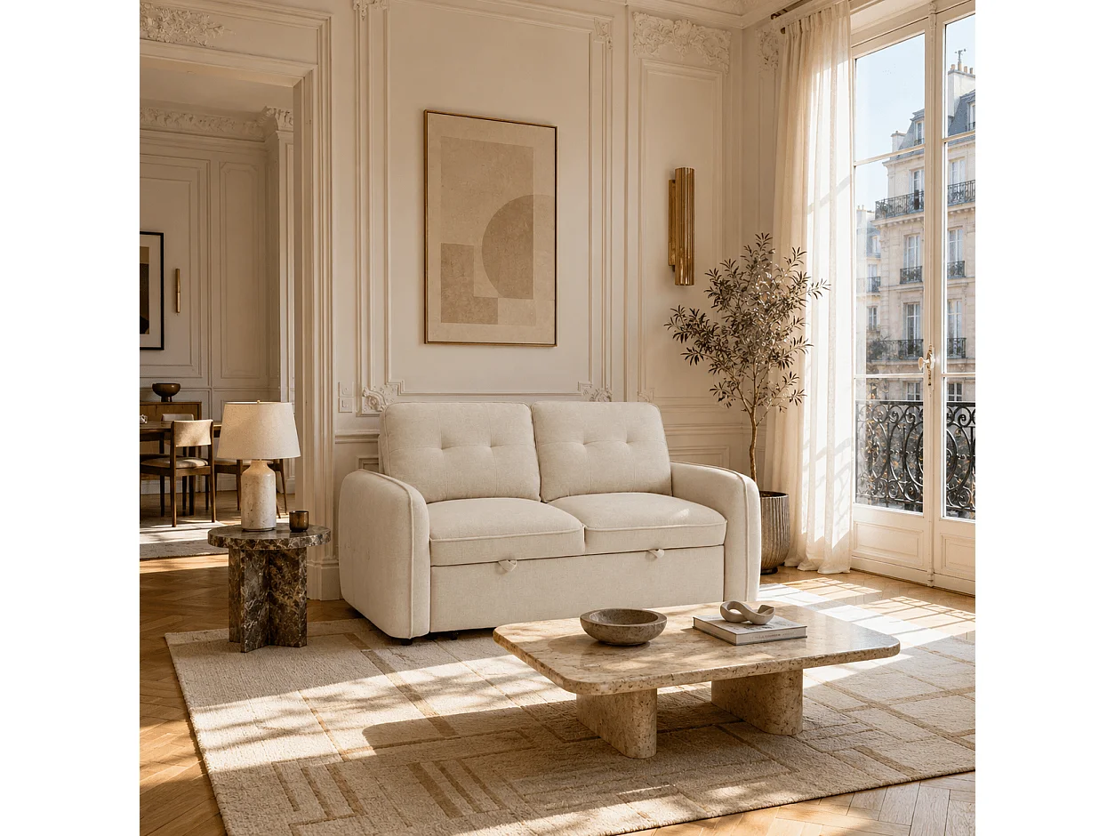 Canapé droit convertible chenille 2 places beige DEAUVILLE