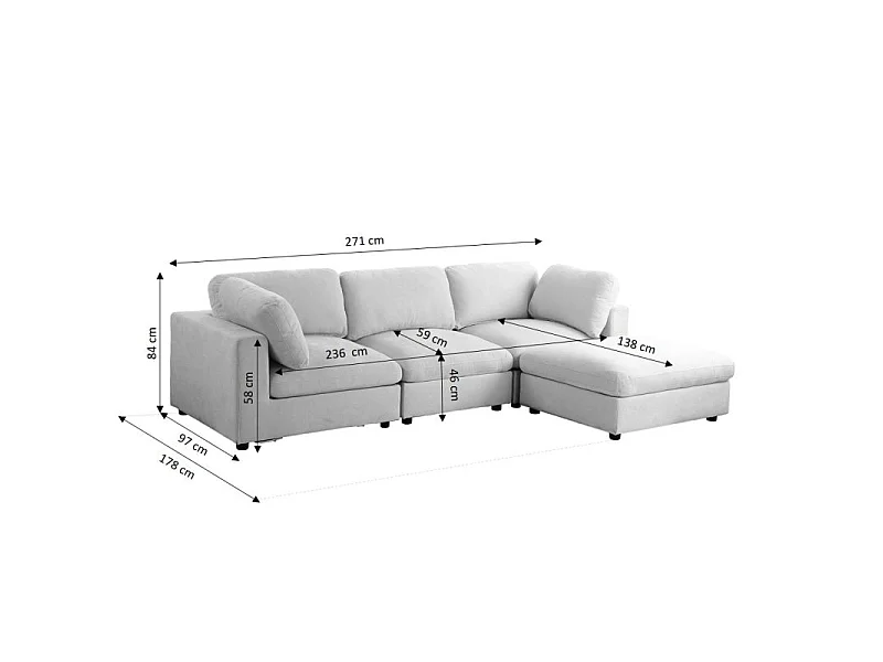Canapé d'angle modulable tissu 4 places gris MINERVE