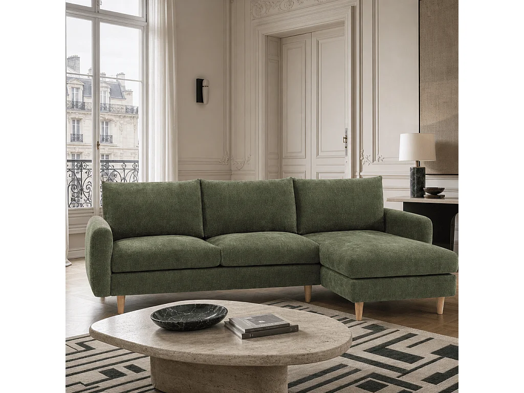 Canapé d'angle fixe réversible tissu chenille 4 places vert VENDOME
