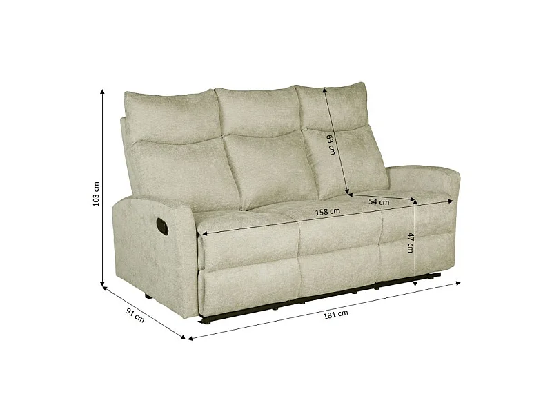 Canapé relax manuel tissu 3 places beige ECLIPSE