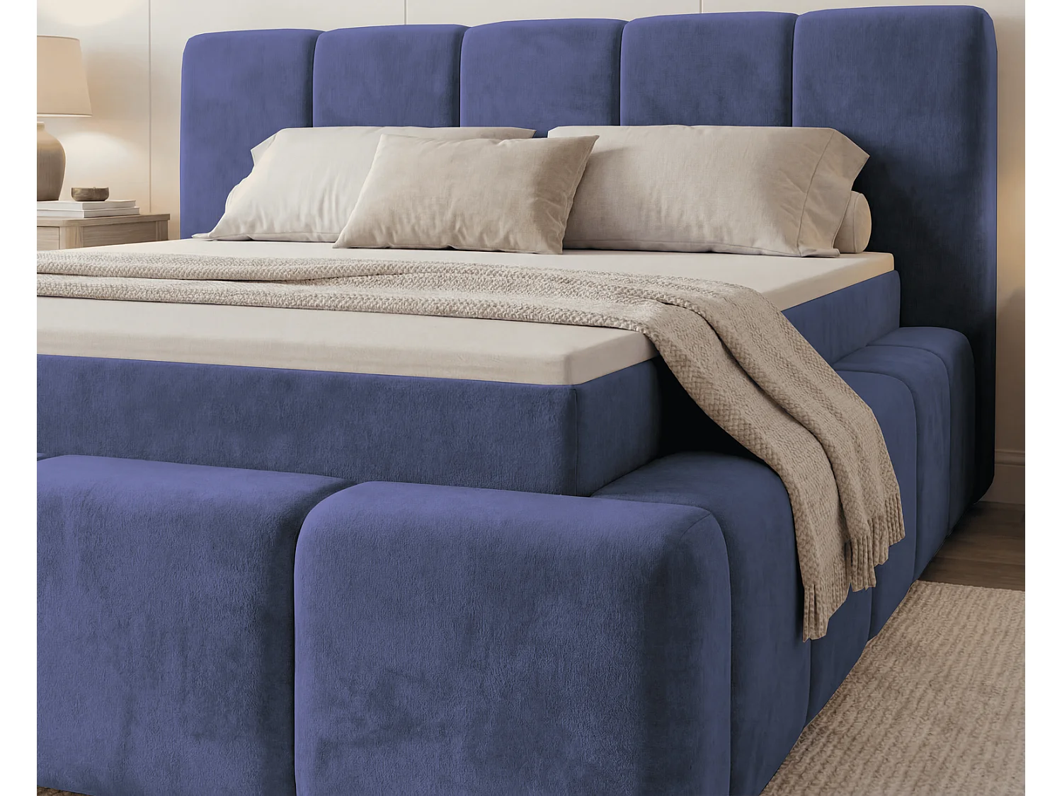 Lit double 180x200 Calisto, moderne avec rangement, matelas H3 - bleu