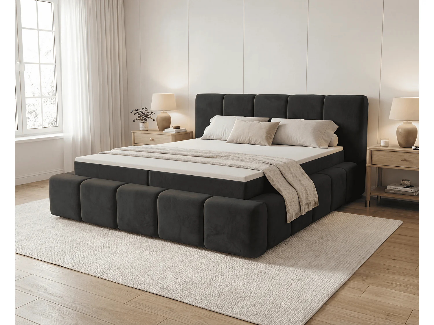 Lit double 160x200 Calisto, moderne avec rangement, matelas H3 - noir