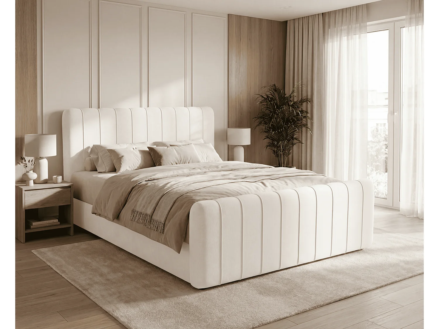 Lit double 160x200 Porto Bis avec matelas et coffre de rangement - lit continental moderne, Crème